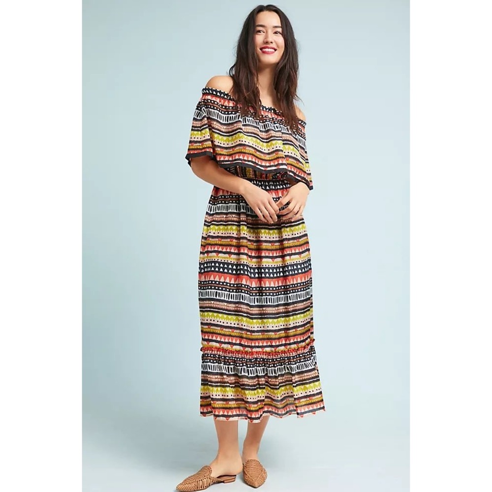Ne‎ Quittez Pas Silk Off-The-Shoulder Geometric Tribal Midi Dress Small